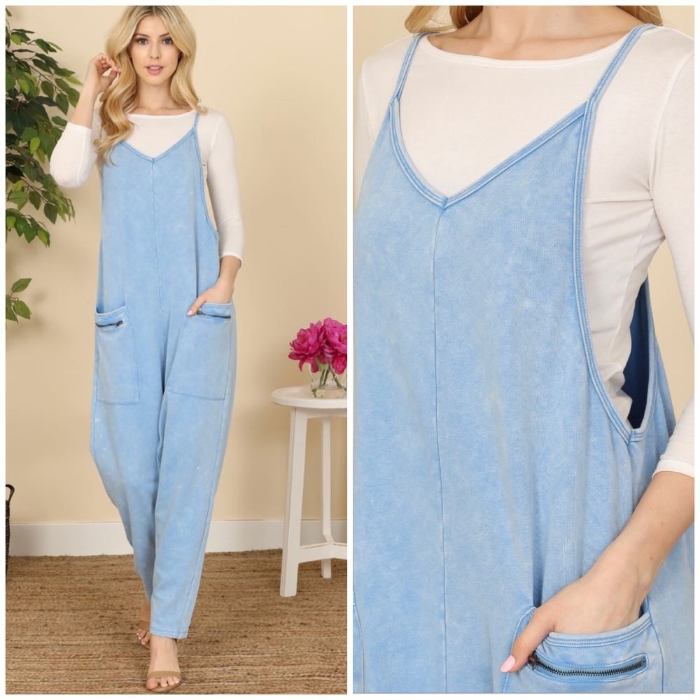 Ces Femme Washed Blue Soft Knit Jumpsuit Overalls - Picture 6 of 9